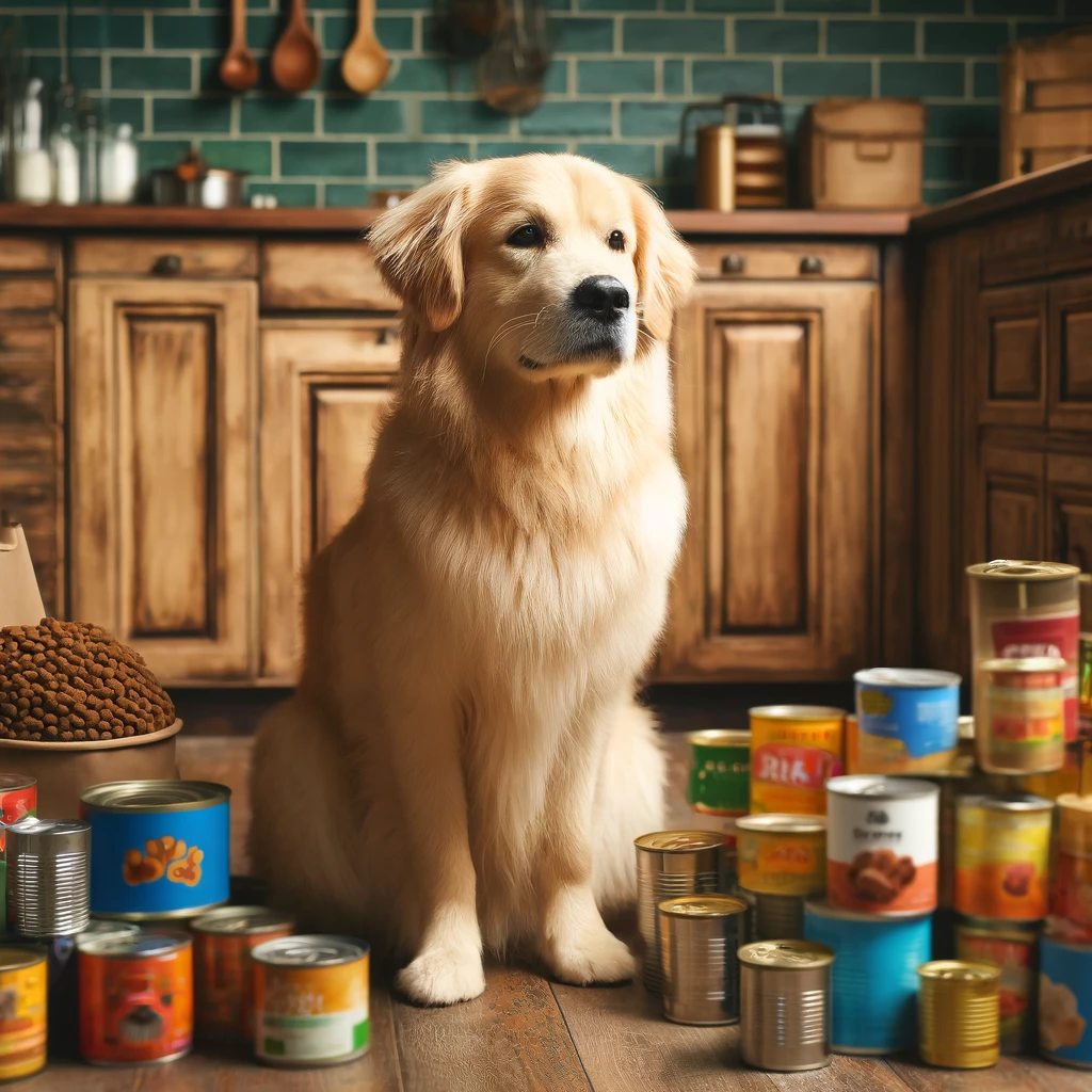 Golden Retriever zwischen Dosen